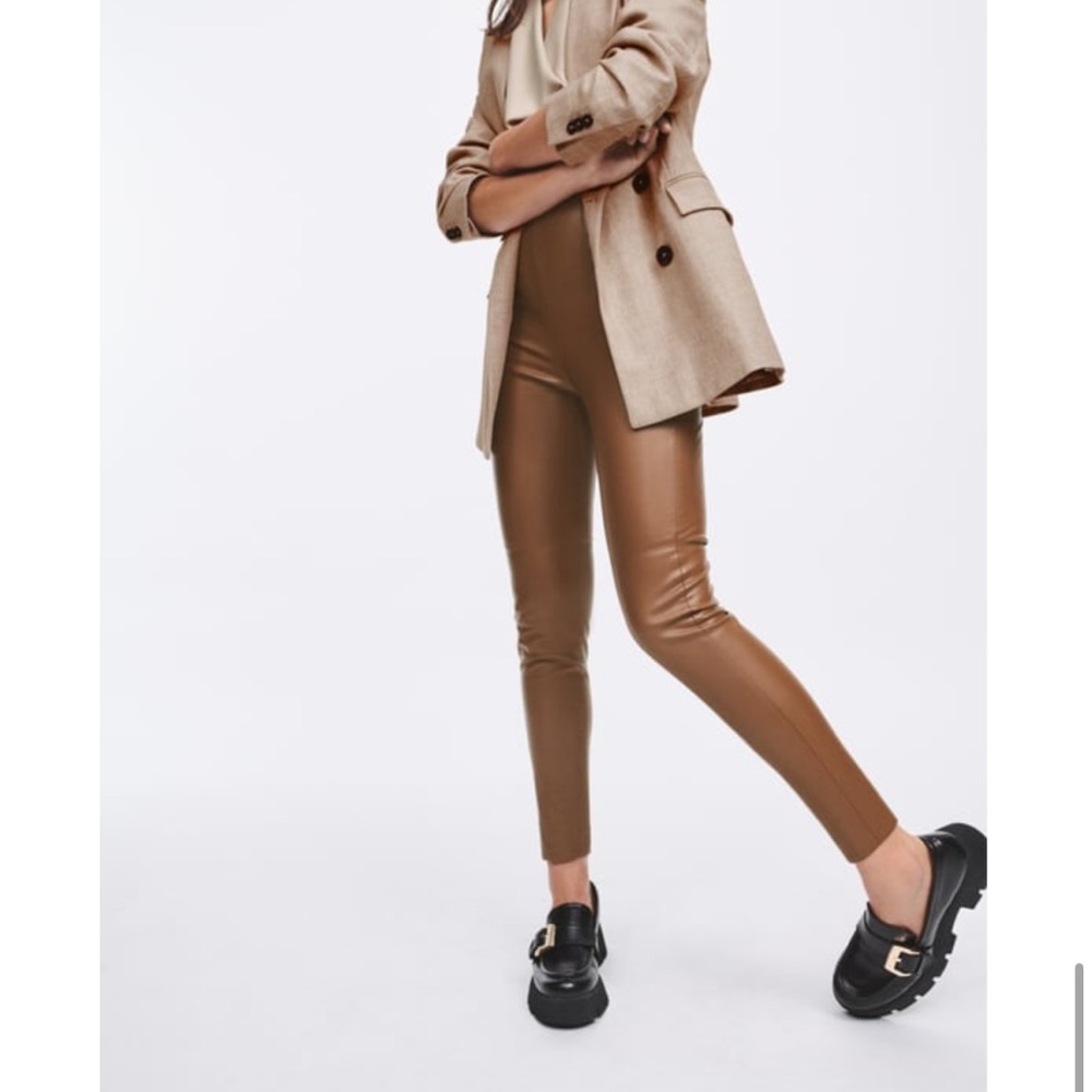 Zara Brown High-Waisted Faux Leather Leggings